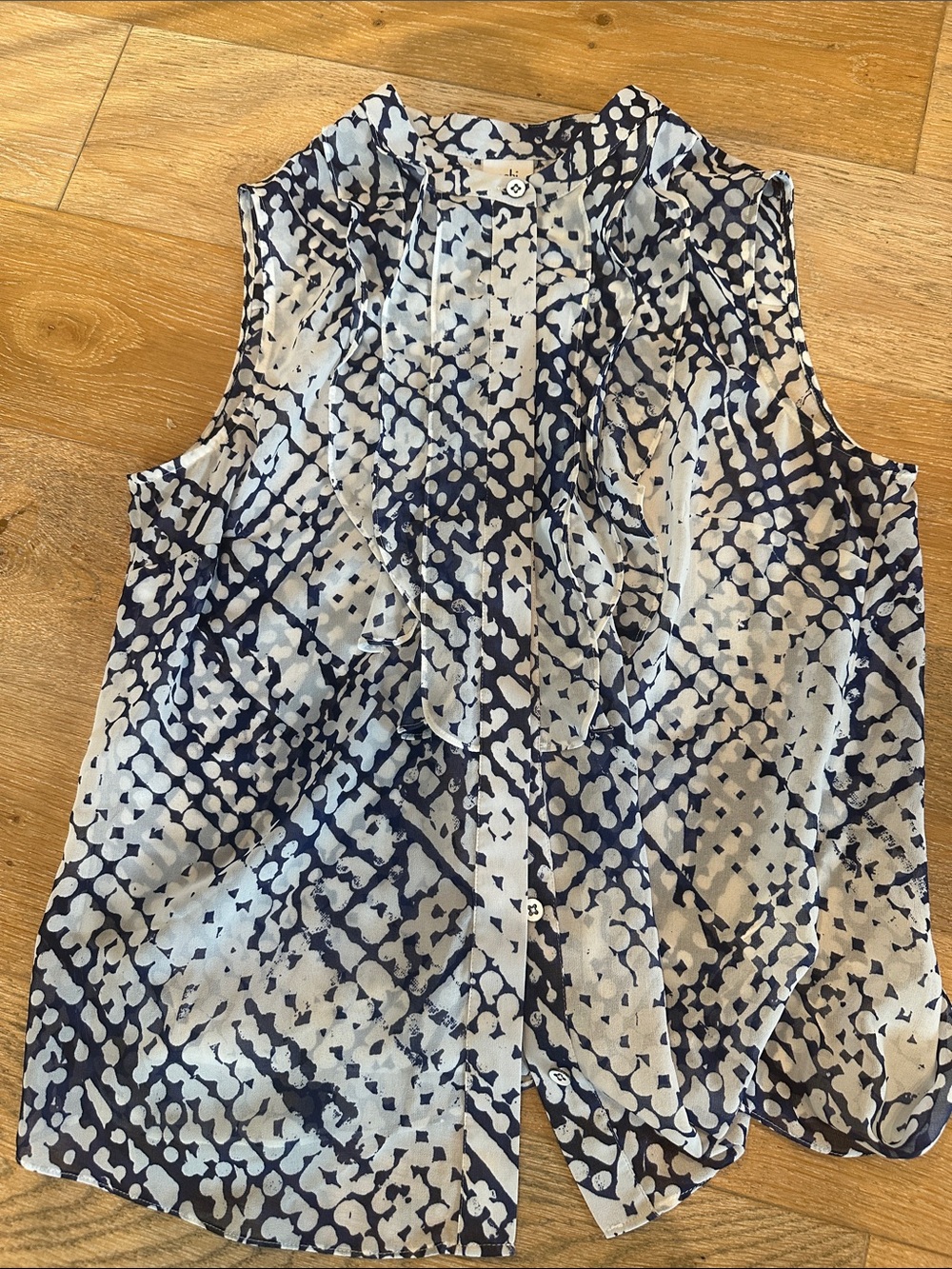 CAbi Navy and White Sleeveless Snakeskin Printed Ruffle-Front Shirt